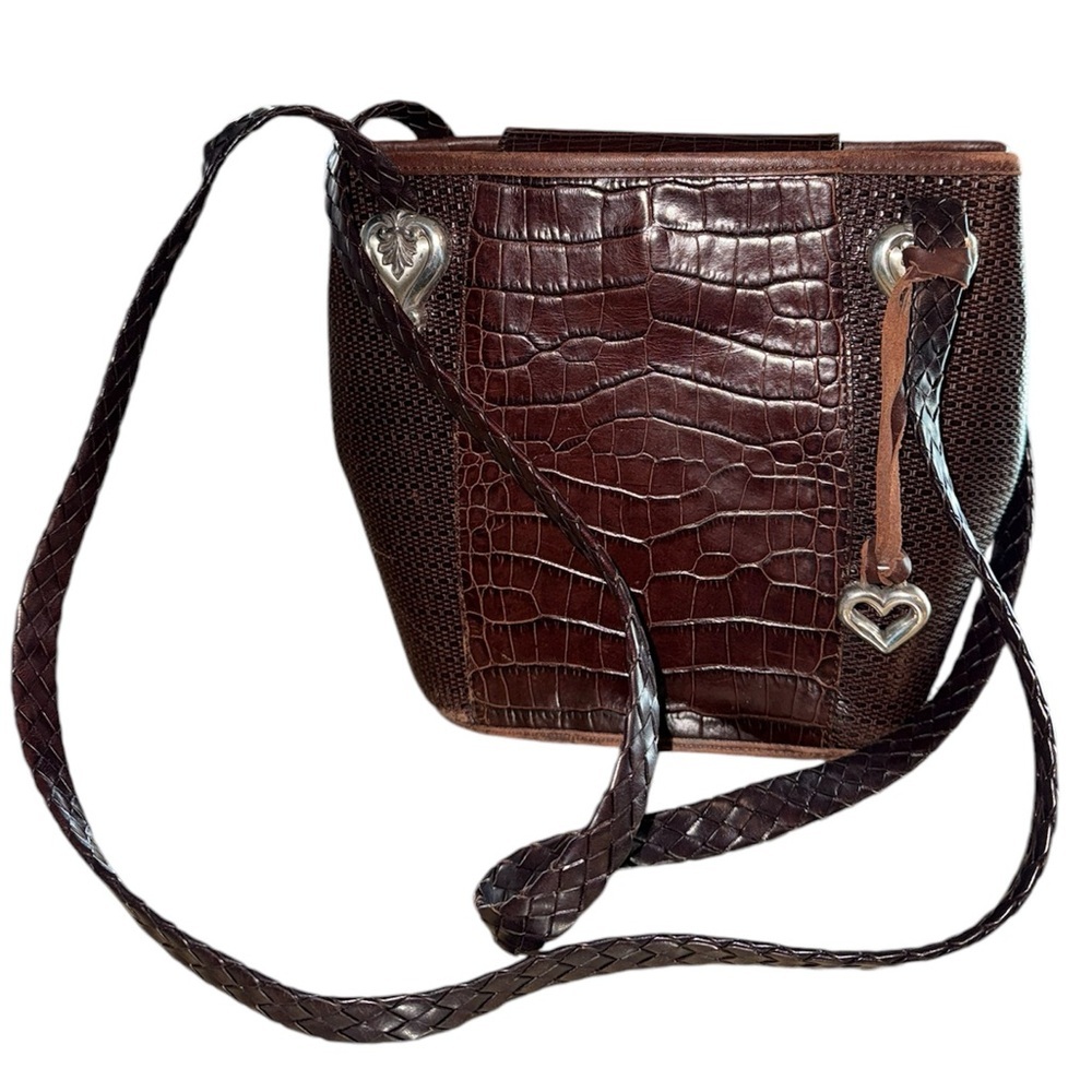 Brighton Rare Vintage Leather Brown Crocodile Bucket Purse Silver Detail